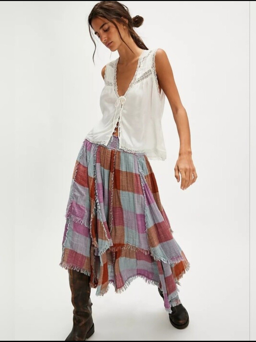 Asymmetrical Layered Plaid Midi Skirt in Rust, Lavender & Sky Blue